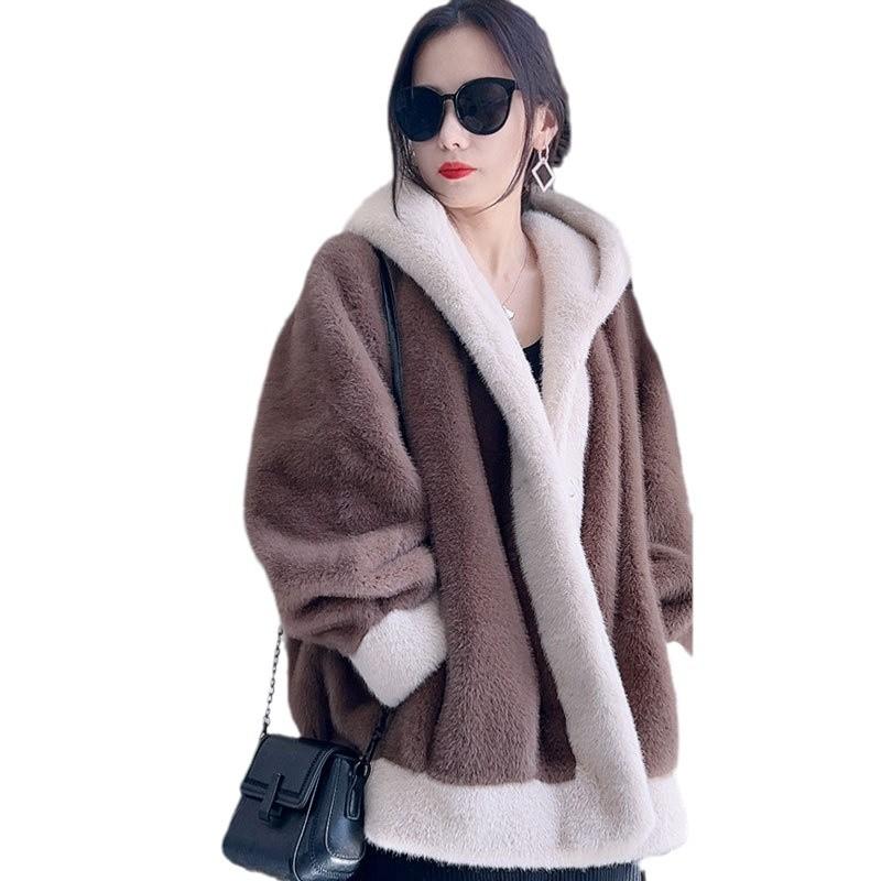 Куртка из искусственного меха норки контрастного цвета с капюшоном, женская, с мехом, с интегрированным толстым теплым длинным рукавом