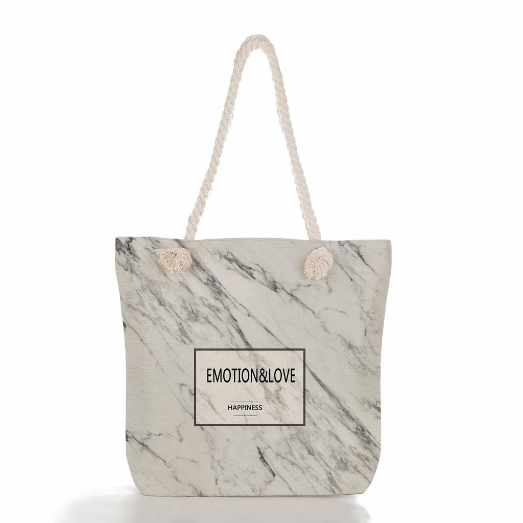 Marble green leaves print thick rope single-shoulder beach bag 7273 CLE