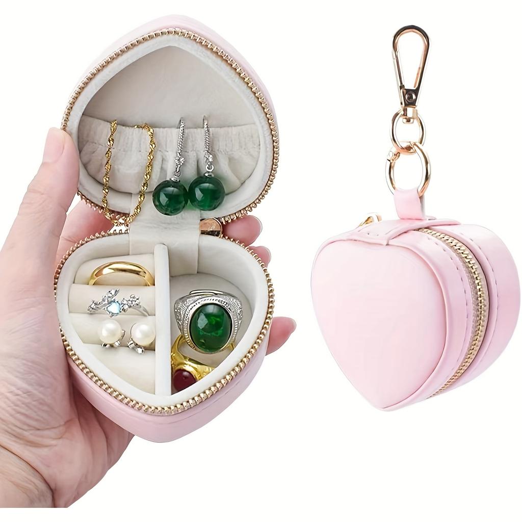 1pc Mini Jewelry Box, Heart-Shaped Jewelry Organizer with Keychain, Zipper Closure, Portable Jewelry Box, Jewelry Boxes