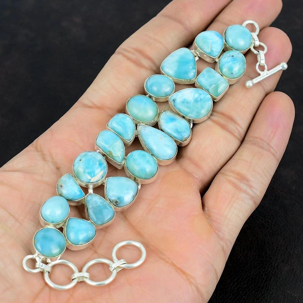 Solid 925 Sterling Silver Larimar Gemstone Silver Bracelet Gemstone Natural Larimar Bracelet