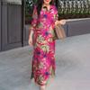Women Casual Turn Down Collar 3/4 Sleeve Loose Print Dress