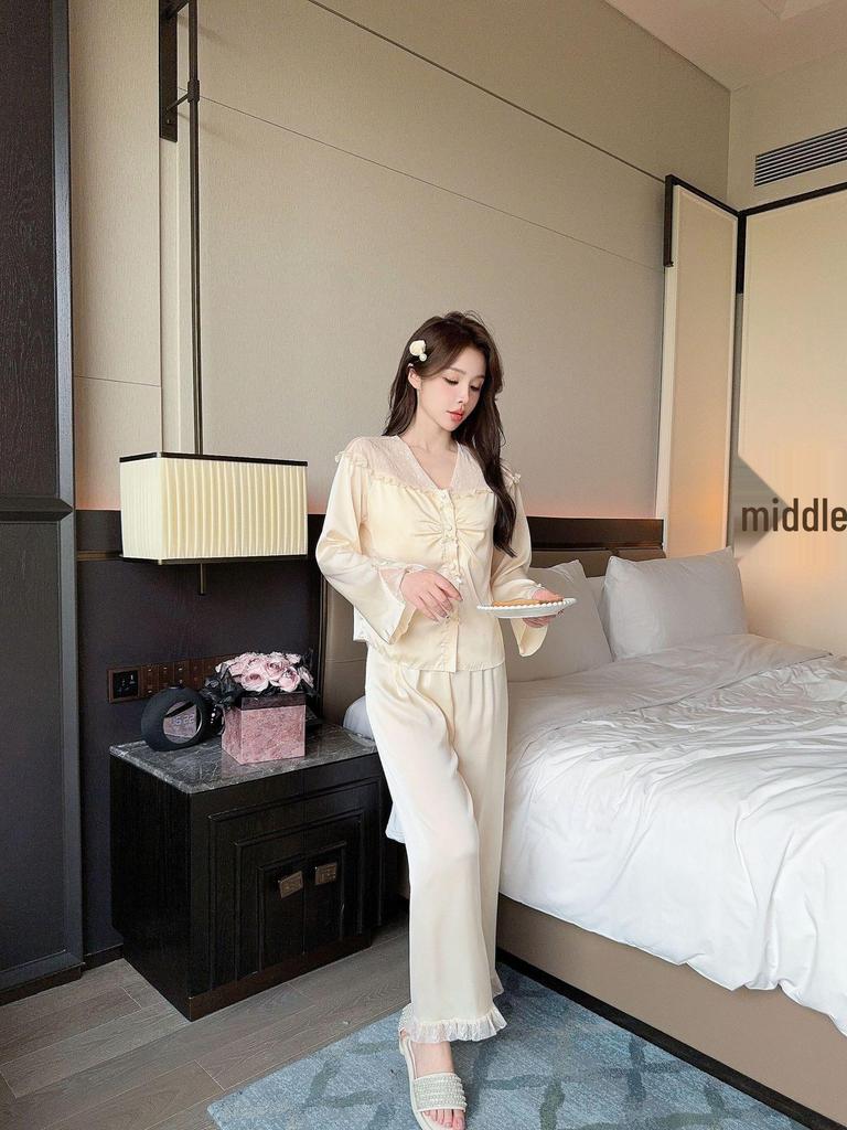 Атласная французская пижама 2025: Женский комплект домашней одежды из ледяного шелка с длинным рукавом и брюками, в милом стиле