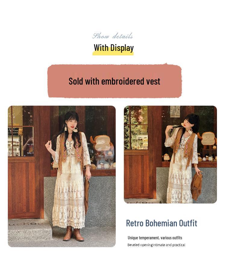 2024 Богемное платье с кисточками и кружевом, с высокой талией, абрикосового цвета - Стройнящий отпускной стиль