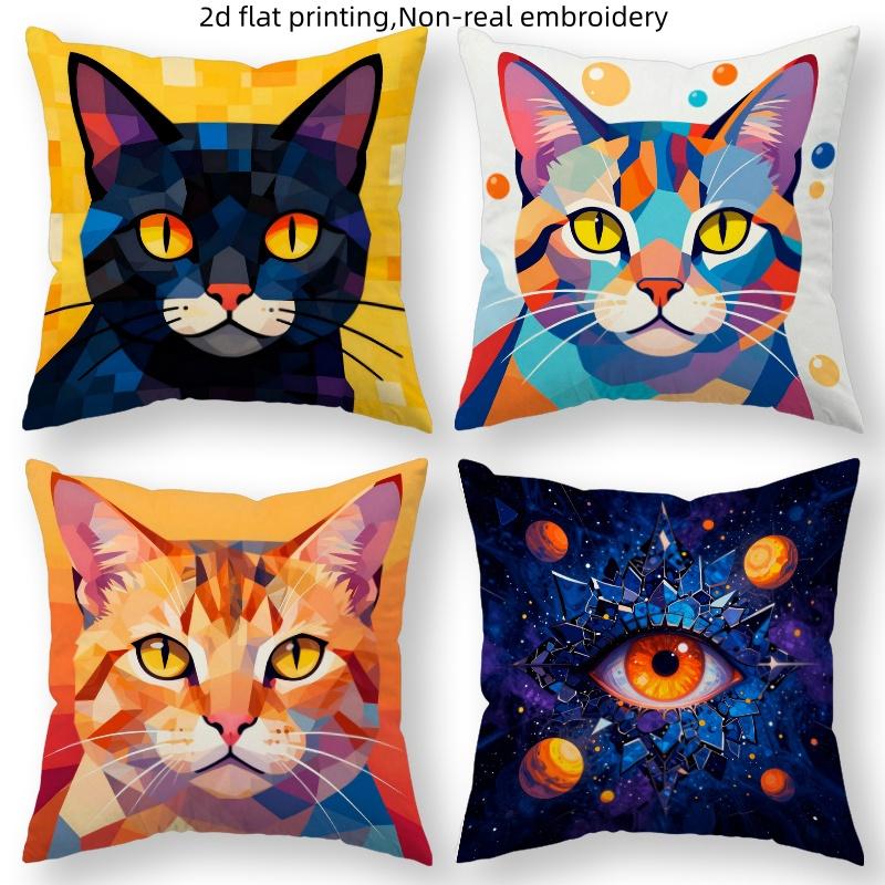 Geometric Polygon Cat Throw Pillow Covers, Low Poly Black Tabby Cat Print Cushion Cases, Cat Lover Decor For Bedroom Living Room