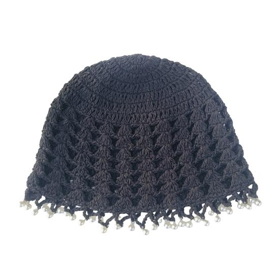 Knitting Hat Bohemian Style Hollow Design Women Hat with Faux Pearls Pendant Lightweight Elastic Hat Headwear