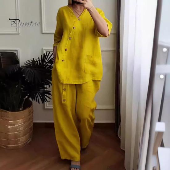 2 Pcs/Set Blouse Pants Set V Neck Button Decor Three Quarter Sleeves Top Wide Leg Loose Elastic Waist Trousers OL Commute Casual Homewear Outfit