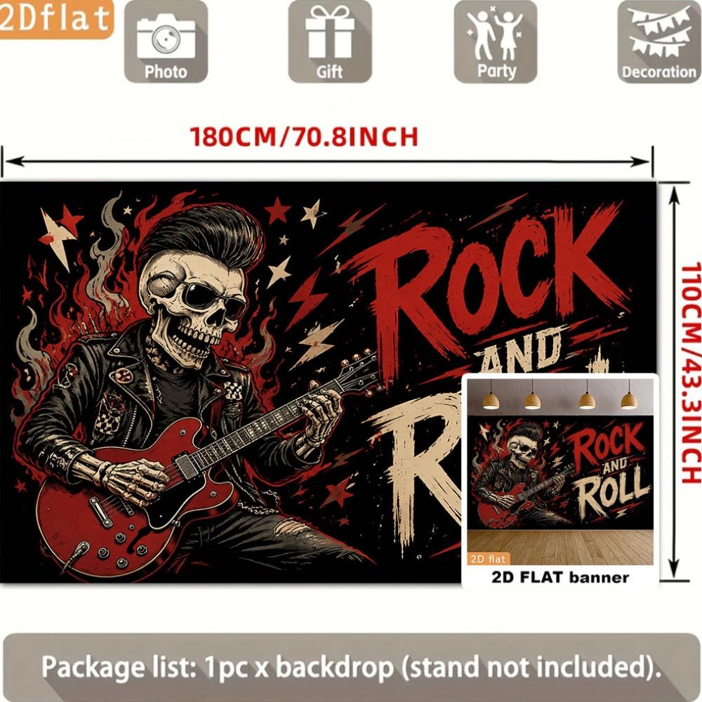 Rock and Roll Party Backdrop Banner, Guitar Playing Skull Music Notes, Polyester Photo Wall Decor for Indoor Outdoor Celebration Home
