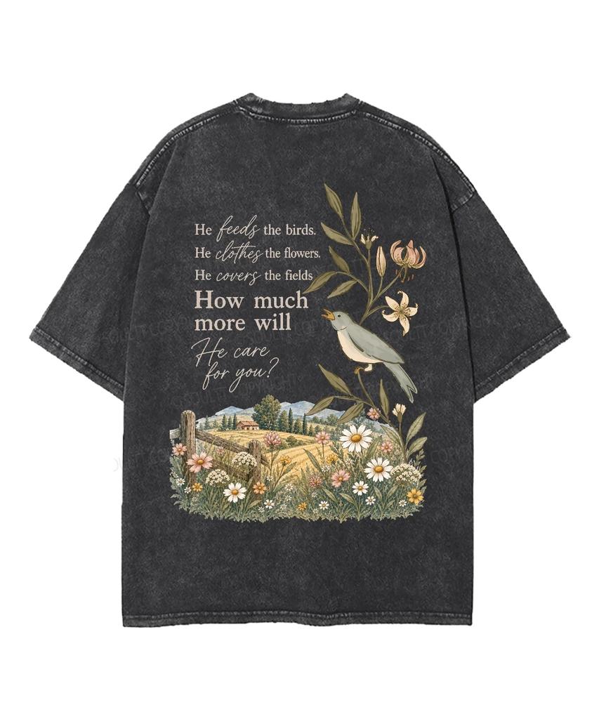 Seek First The Kingdom Of God Bird Floral Country Faith Front Back Vintage Washed T‑Shirt Unisex Loose Short Sleeve Casual Tops