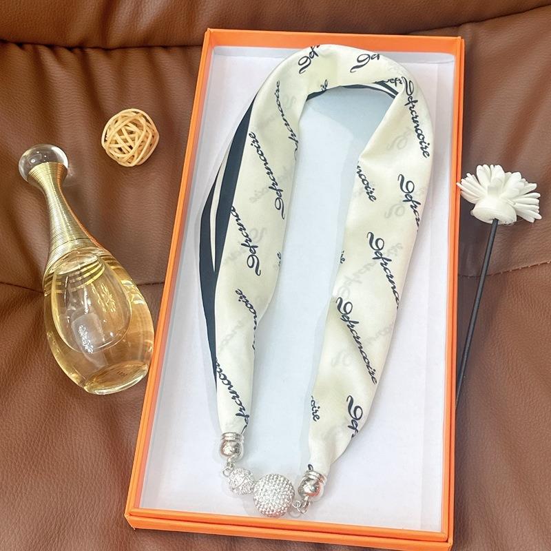 Silk Scarf Women's Spring, Autumn and Summer New Fashion Neck Protection Decoration Long Necklace Type Magnetic Buckle Scarf Small Scarf