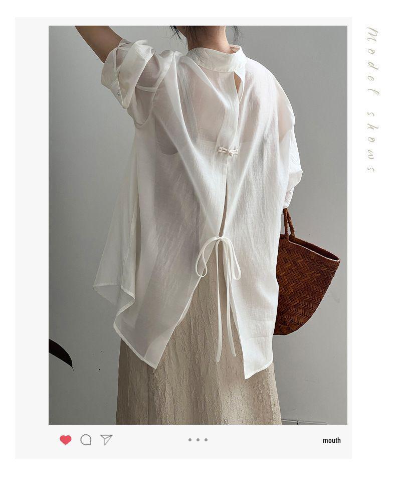 Women's Summer Loose Fit Tencel Shirt with Frog Buttons and Tie-Back, Turn-Down Collar, Sun Protection