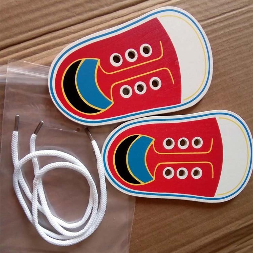 1 Piece Kids Cute Wooden Shoes Puzzles Toys Children Montessori Early Learning Tie Shoelaces Puzzles Wood Beads Lacing Board