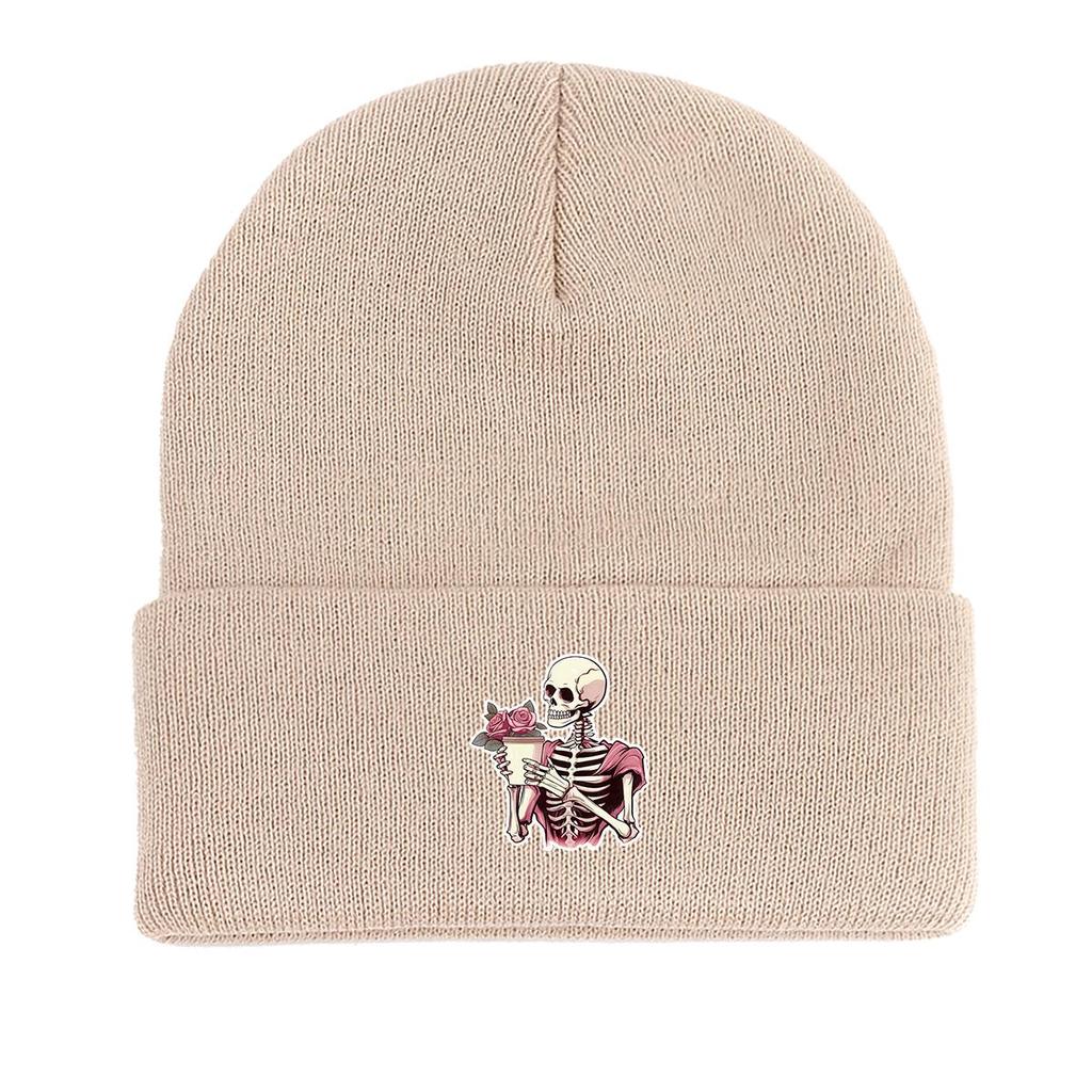 Skeleton Flower Print Knitted Hat Beanie, Woman Cap Windproof Lightweight Sporting Headwear Knit Cap Beanie