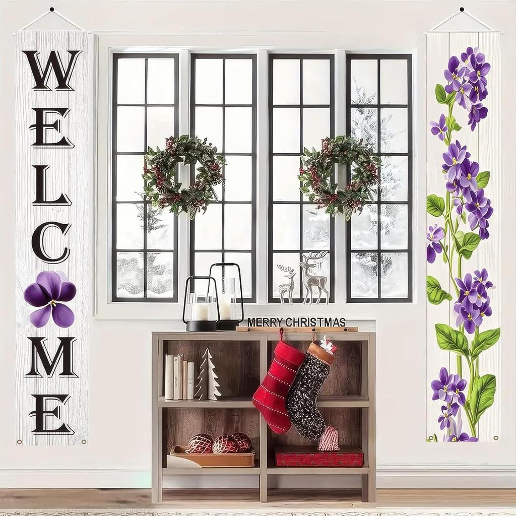 Spring Summer Banner 70x12 Inch Vertical Spring Summer Door Banners Door Decorations Hanging Purple Floral Welcome Porch Signs Outdoor Summer