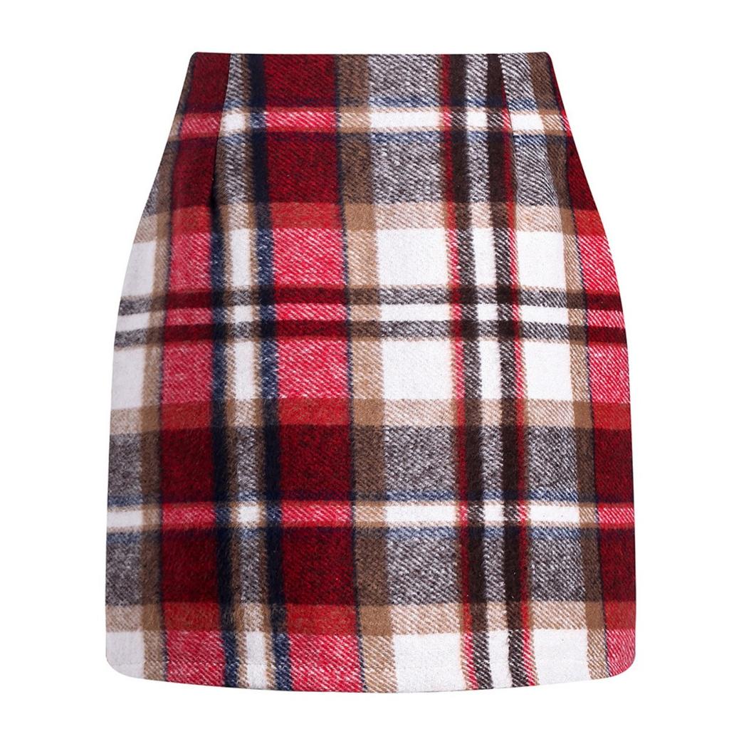 Women's, High Waisted, Plaid Skirt, Tight Fitting, Pencil, Wool, Mini Skirt
