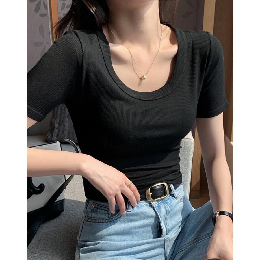 Round Neck Short Sleeved T-shirt for Women's Summer Wear with Solid Color Comfortable Breathable Bottom Layer Women's Clothing