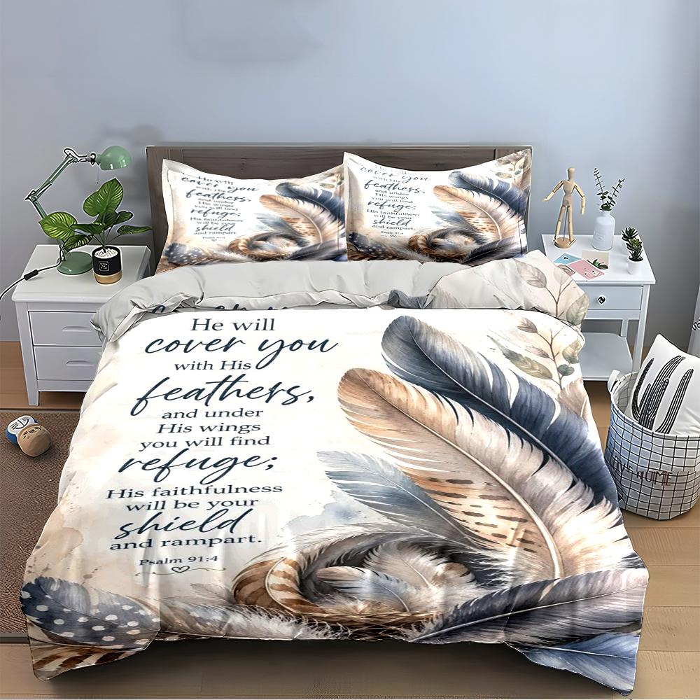 "He Will Cover You Feather Design Set" Bedding set (1 duvet cover, 2 pillowcases, duvet not included)