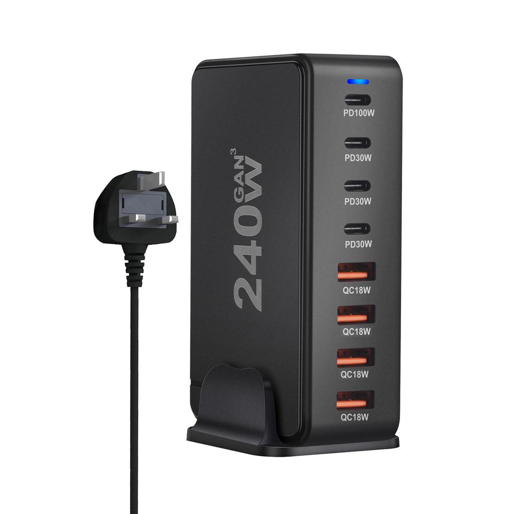 240-ваттное настольное GaN-зарядное устройство с 8 портами USB-C, поддерживает быструю зарядку PD 3.0, компактное и портативное