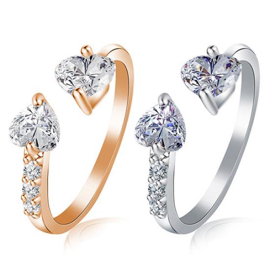 Women's Double Love Heart Open Ring Shiny Zircon Copper Wedding Bridal Jewelry