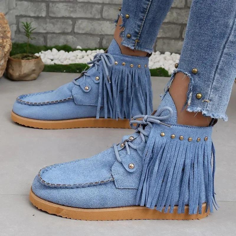 Vintage Tassel Lace-up Ankle Boots for Women Autumn Winter Pointed Toe Cowgirl Boots Woman Suede Western Cowboy Chelsea Boots