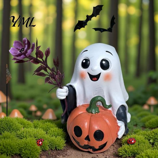 Halloween Ghost Pumpkin Decor Decoration, Holding Resin Figurine with Witch Soft Aesthetic Sculptures Hat, Spooky Cute Tabletop for Home Kitchen