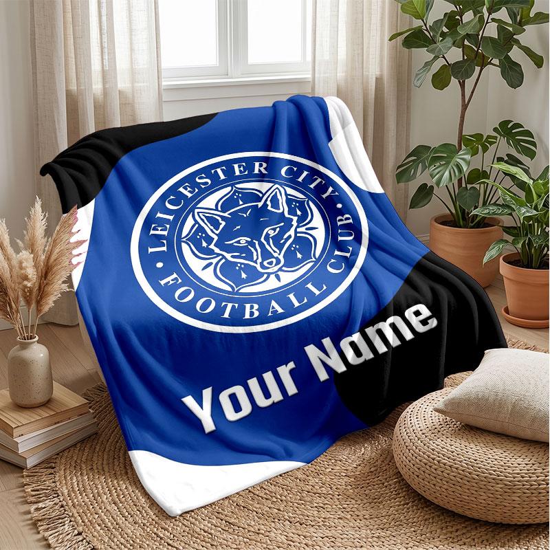 Leicester City Custom Name Text Flannel Blanket Soccer Logo Personalized Fleece Throw Blanket Special Gift For Sofa Bedroom Home