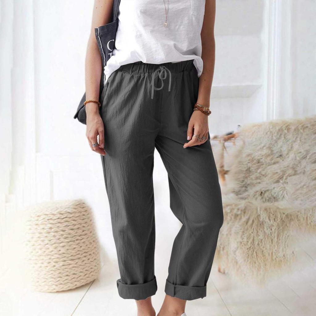 Women's Pants, Casual Solid Color Pocket Pants Elastic Waist Loose Straight Leg Pants