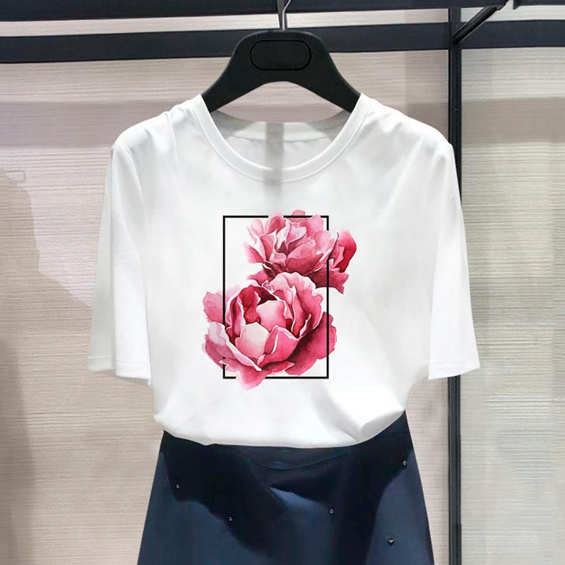 (Азиатский размер) Модный принт с цветочным принтом, стильная тенденция, милая женская повседневная футболка, повседневная женская футболка с коротким рукавом и графическим принтом