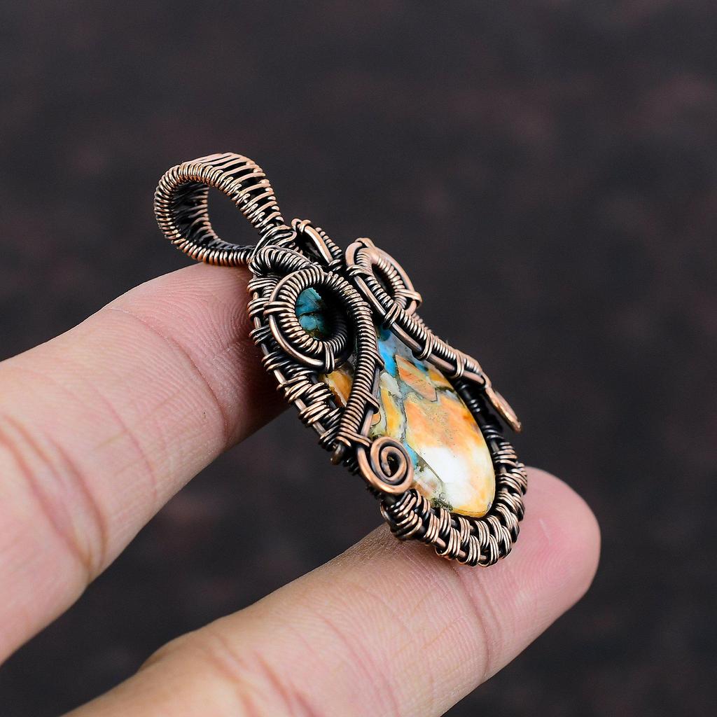 Подвеска из медной бирюзы Spiny Oyster, подвеска из медной проволоки, ювелирное изделие ручной работы, подвеска из драгоценного камня, дизайнерское ювелирное изделие из меди, подарок на годовщину