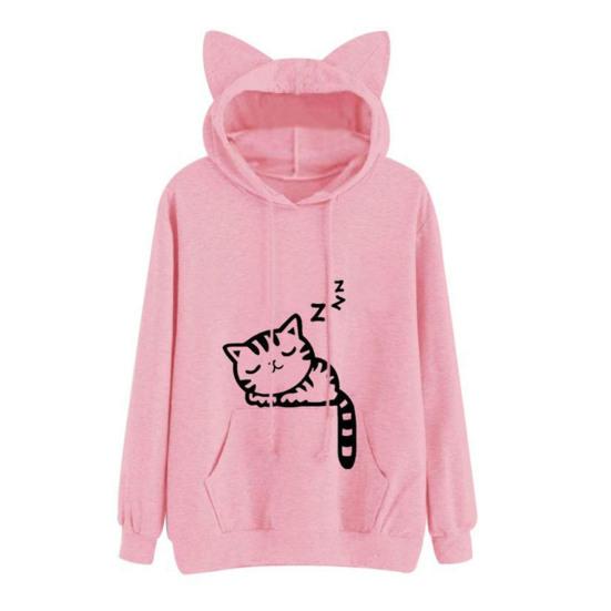 Women Fall Winter Hoodie with Big Pocket Cat Ear Decor Kitty Printing Hooded Full Sleeves Loose Pullover Home School Sport Top