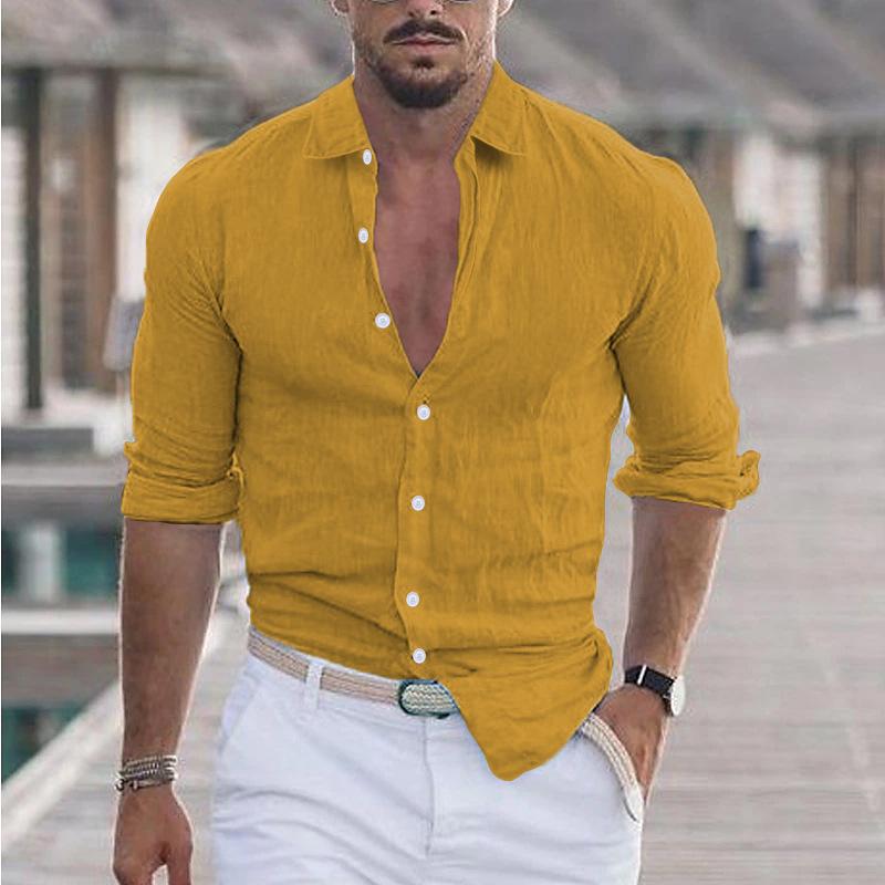 Fashion Men's Shirts Summer Cotton Linen Lapel Beach Shirt Long-sleeved Solid-coloured Shirts Casual Versatile Tops