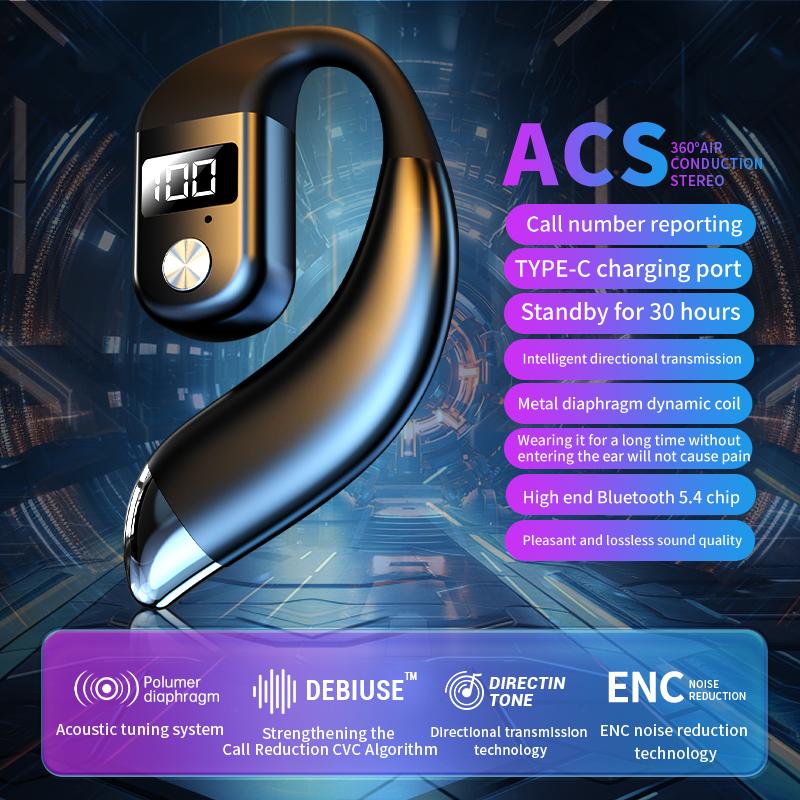 Мини Bluetooth 5.4 Наушник Одинарный Ушной Крючок Бизнес Наушник Светодиодный Дисплей Hi-Fi Стерео Шумоподавление Спорт Водонепроницаемая Гарнитура