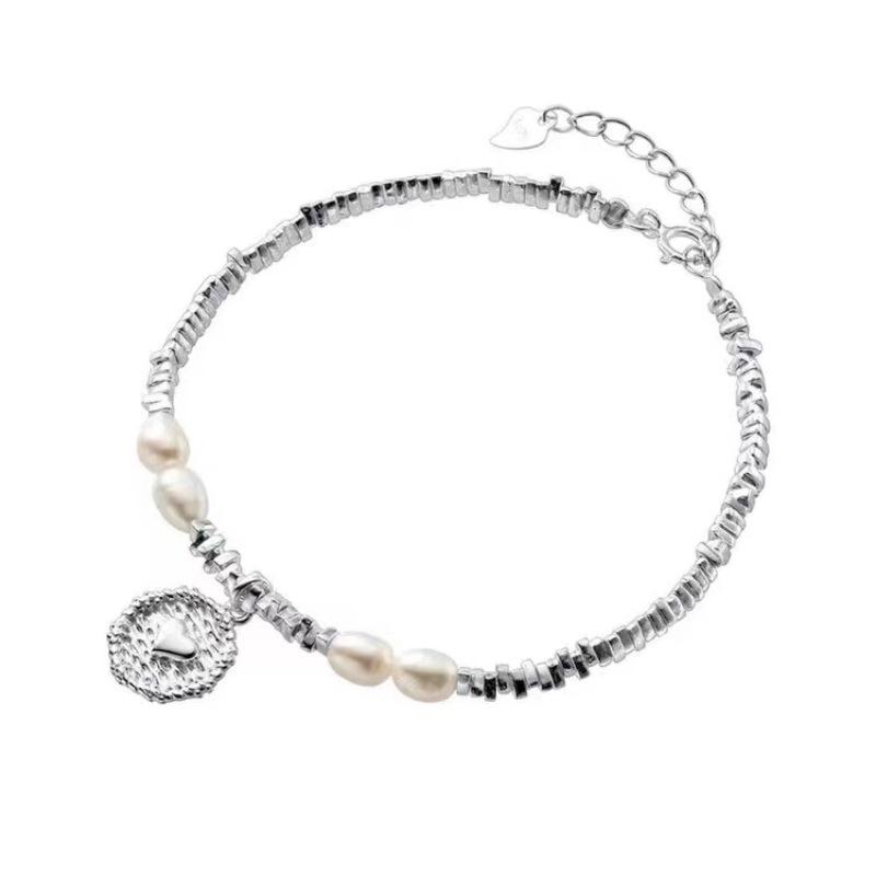 Heart Round Plate Pearl Bracelet Irregular Crushed Silver 925 Sterling Silver Bracelet for Women Summer Ins Style
