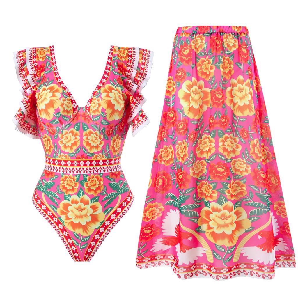 New Sexy One-piece Swimsuit Women's Printed Two-piece Chiffon Skirt Swimsuit Set