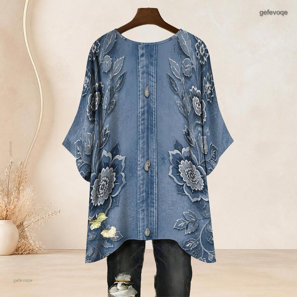 Women Plus Size Round Neck Batwing Sleeve Loose Cat Moon Printed Top Blue Beige Side Slit