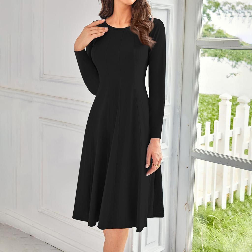 Женское повседневное модное платье миди с круглым вырезом и длинным рукавом