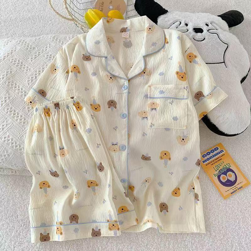 Cute Cartoon Dog Pajamas Set Short Sleeve Thin Cloud Cotton Young Women Students