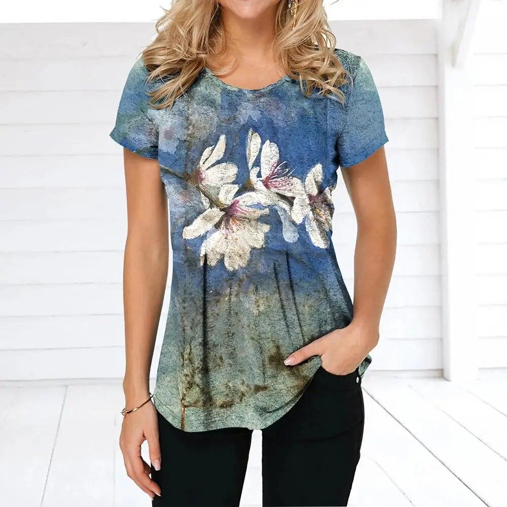 Летняя женская футболка в стиле ретро с цветочным принтом, повседневная повседневная футболка, обычный пуловер для женщин, женская одежда с коротким рукавом и круглым вырезом