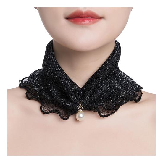 Faux Silk Scarf Lightweight Mesh Soft Shiny Touch Edge-covered Design Scarf with Faux Pearl Decor Neck Decoration