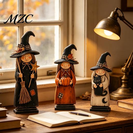 Autumn Seasonal Decorations for Mantle Wooden Witch Ornament, Retro Halloween Figurine with Broom/Pumpkin/Black Detailed Carving Cat, Creative