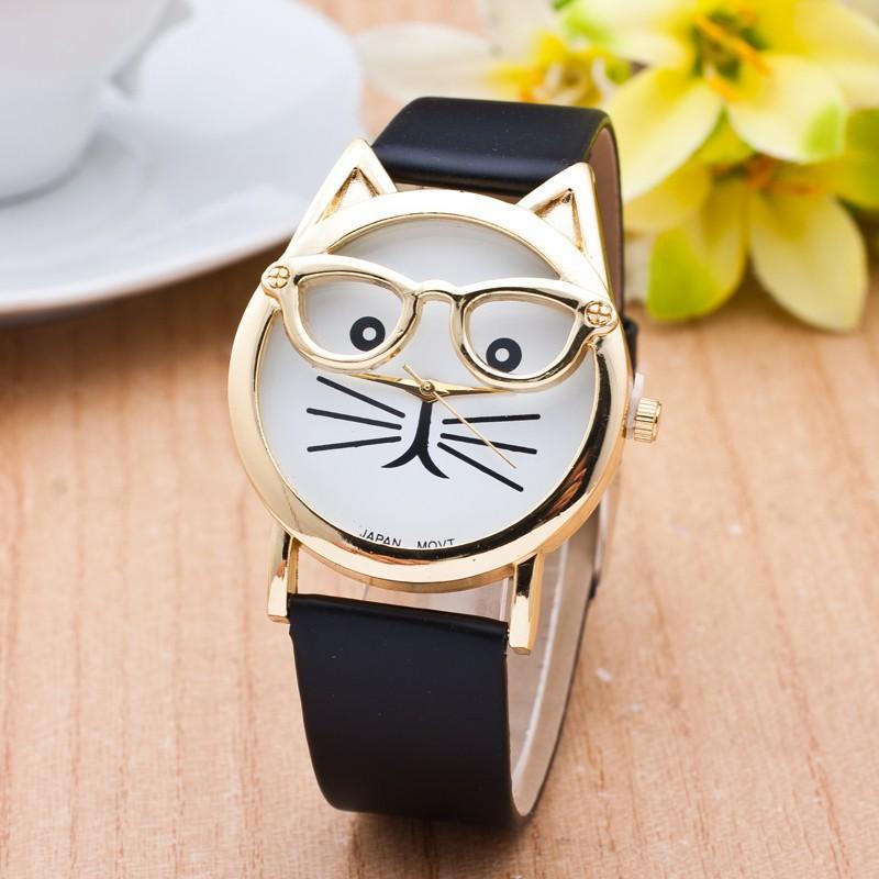 Creative Styling Belt Cartoon Watch, Fashion Trend Cat Face Glasses Women'S Watch, Love Cute Schoolgirl Watch
