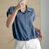 New Arrivals Open Run Women Oversized String Batwing Short Sleeve Collar Shirt