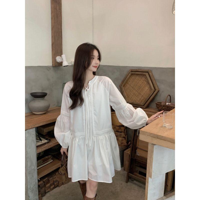 Kumikumi Gentle White Lace-up Lantern Sleeve Dress Women Autumn Chic Youthful-Looking Loose Slim Looking Short Skirt