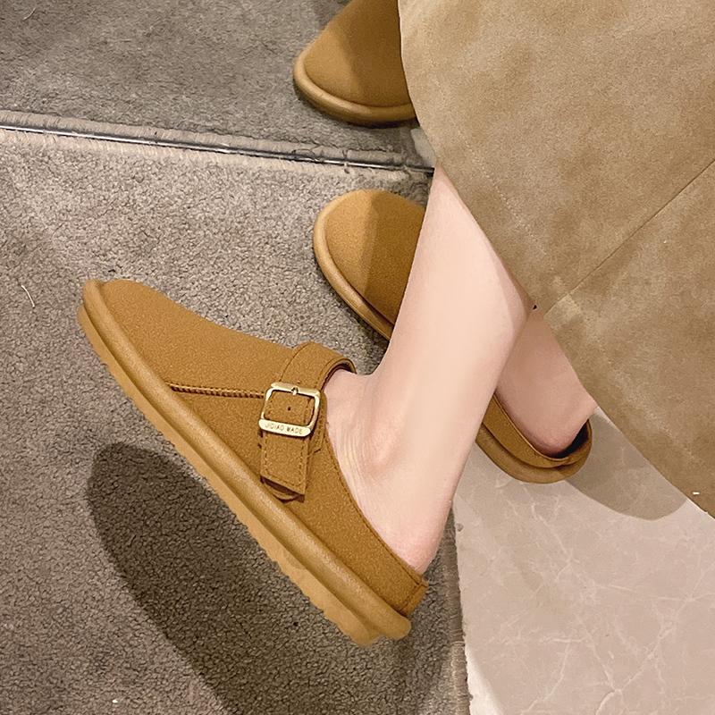 Fashion New Spring Baotou Slippers Round Toe Deep Mouth Versatile Matte Dependent Metal Buckle Soft Sole Slip-on Flat Shoes
