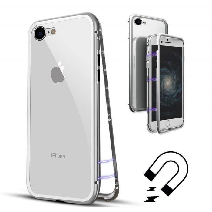 Coque de protection - PHONILLICO - iPhone SE 2020 - Magnétique - Verre Trempé - Argent