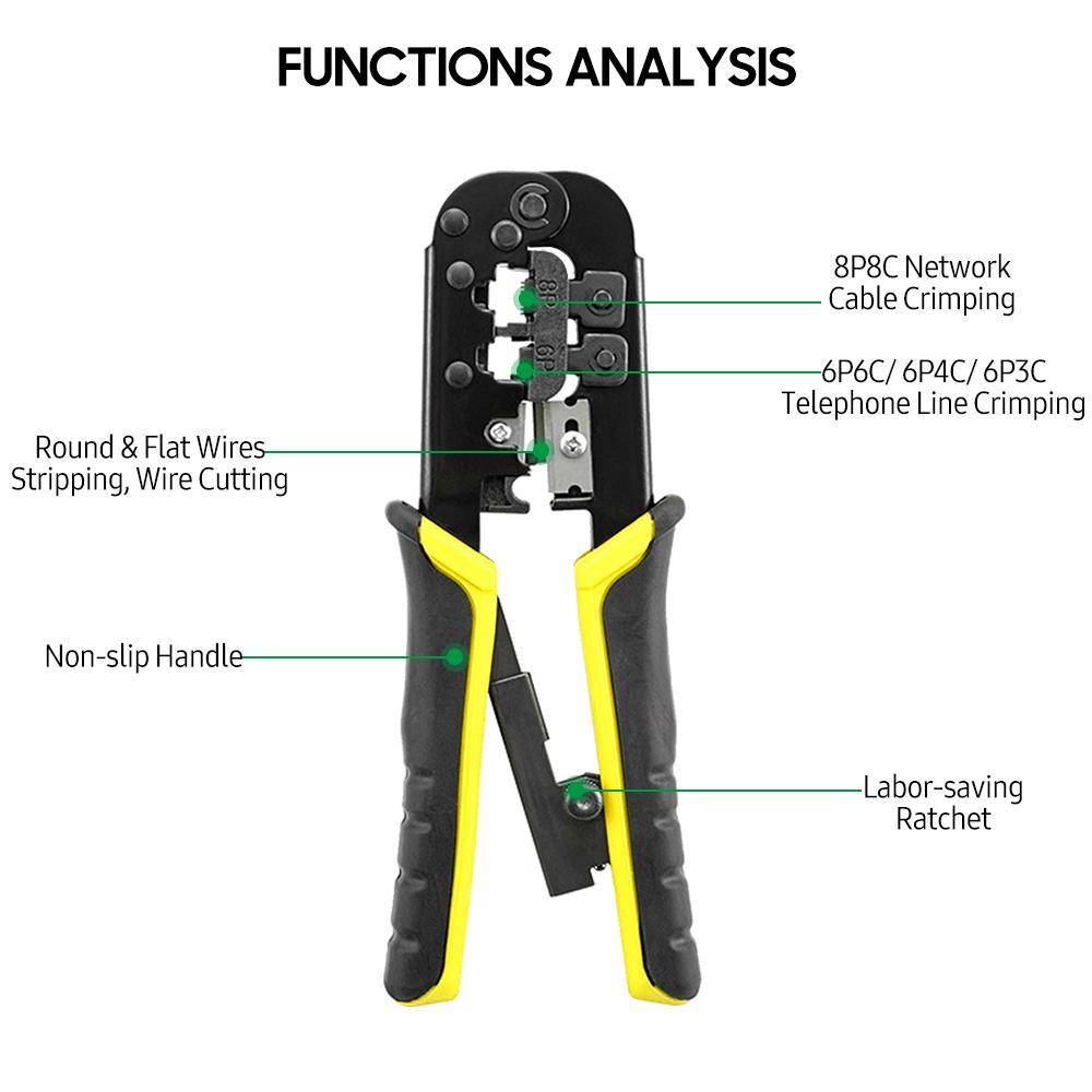 Ratcheting Crimping Tool 3 In 1 Multifunction Wire Crimpers Stripper Cutter, 8P 6P Network Line