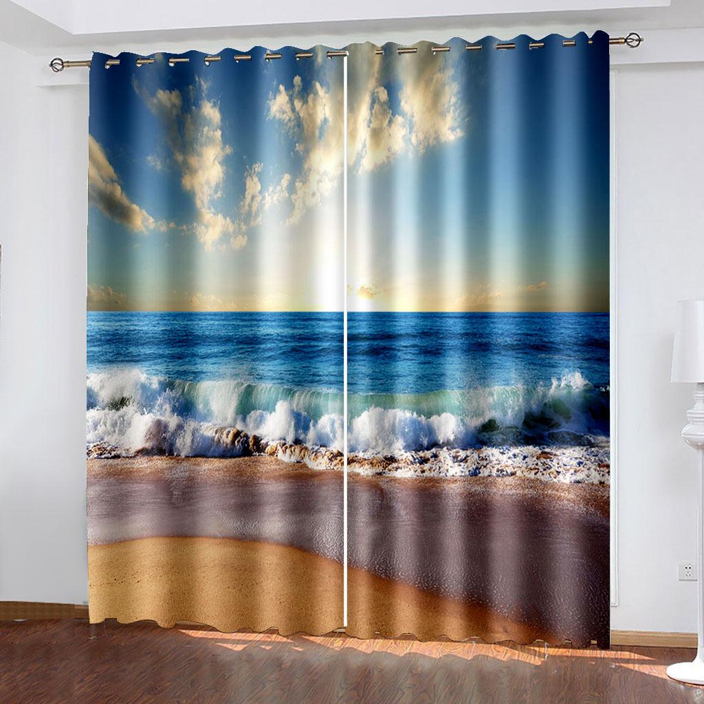 2 шт., пляжный пейзаж, простые карманные шторы с карманами, фильтрующие свет, подходят для гостиной, офиса, дома, украшения спальни