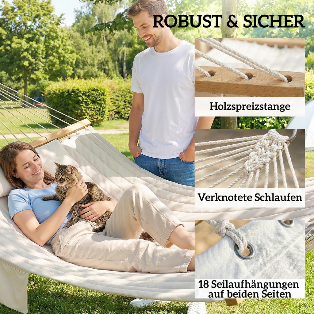 Double Hammock 2 Person Swing Bed with Spreader Bars, Pillows, Pad, 200 x 140cm, Cream White