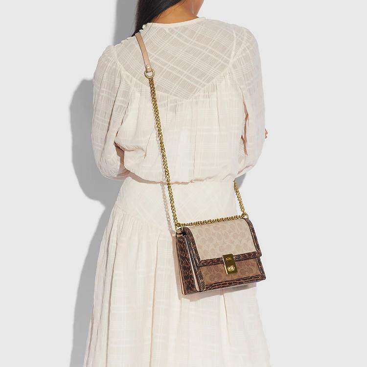 Coach Hutton 21 Classic Monogram Color Block Personality Leather And Snakeskin Coated Canvas Small Shoulder Crossbody Bag Women bags Brown 89068-B4PVR