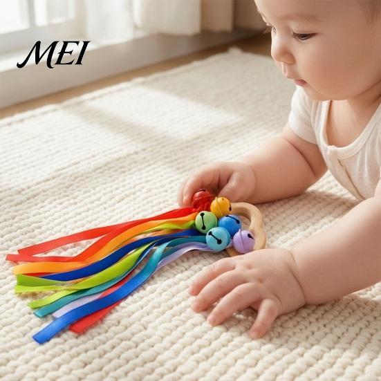 Wooden Cloud Rattle Baby Toy, Shape Teether Grasping Toy with Colorful Ribbons, Sensory Bell for Newborn, Infant Shaker Visual Auditory Development