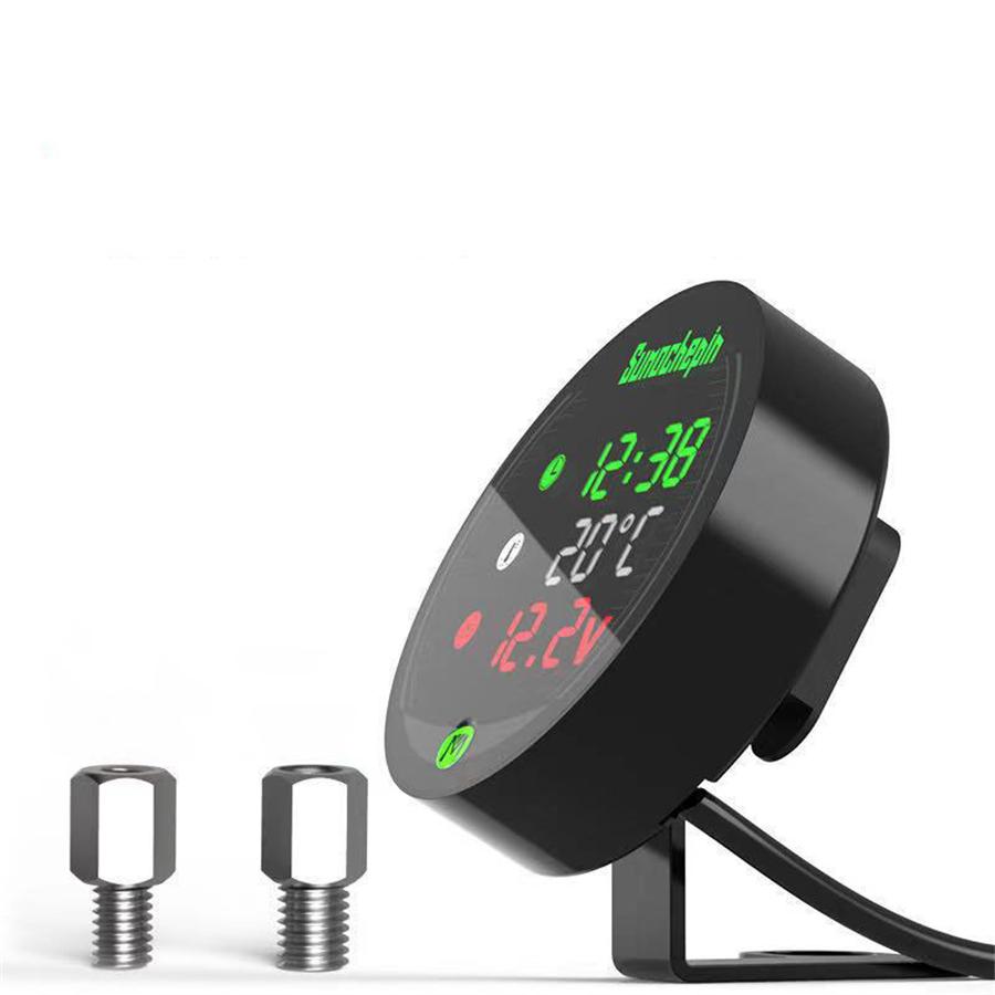 9-24V 5in1 LED Motorcycle Thermometer Voltmeter Clock Timing Display USB Charger